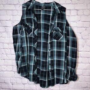 Torrid Cold Shoulder Plaid Button Down Top Black Teal Women's Size 1 Punk